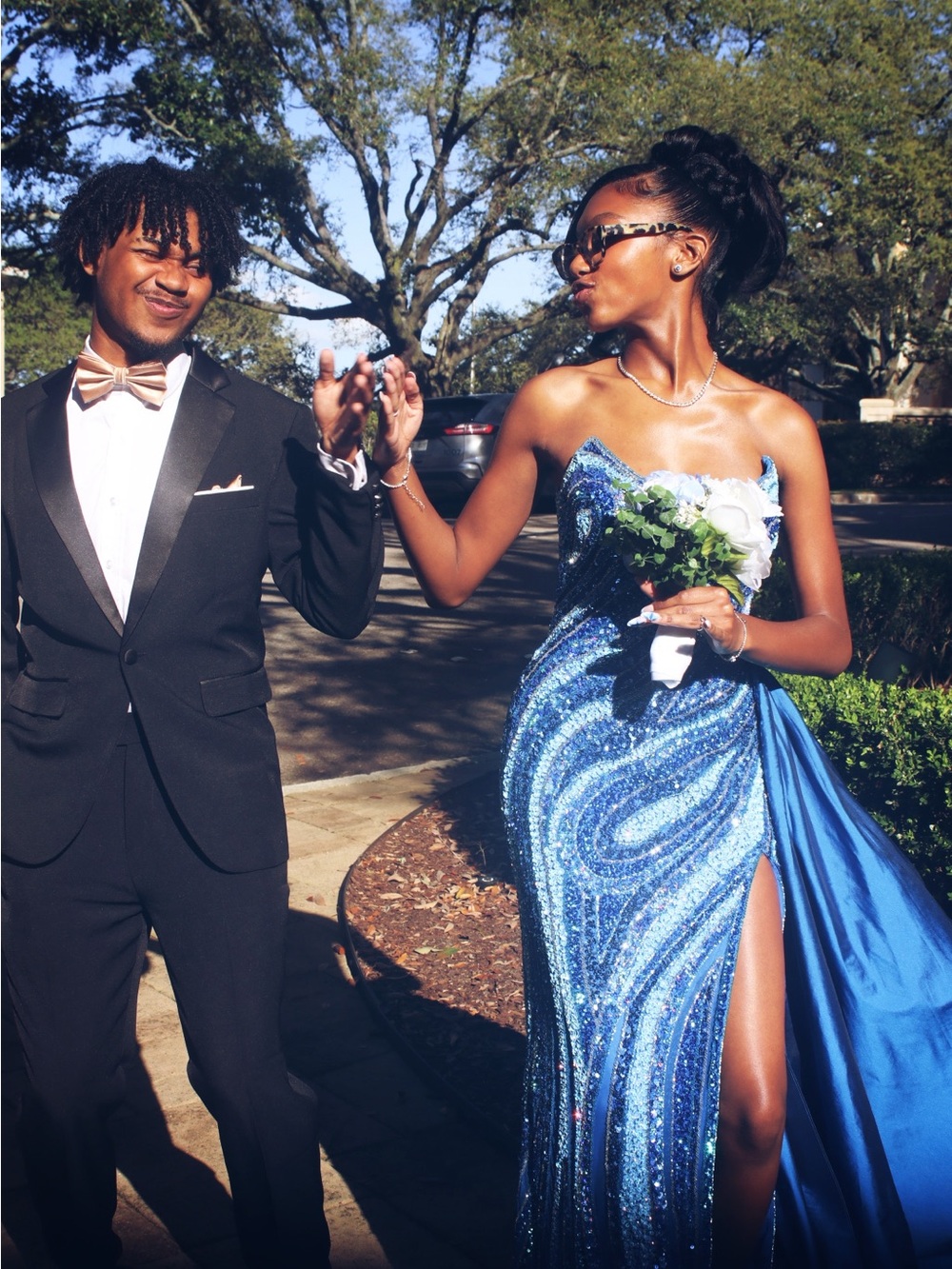 Jovani Blue Sequin Strapless Prom Gown with Thigh Slit